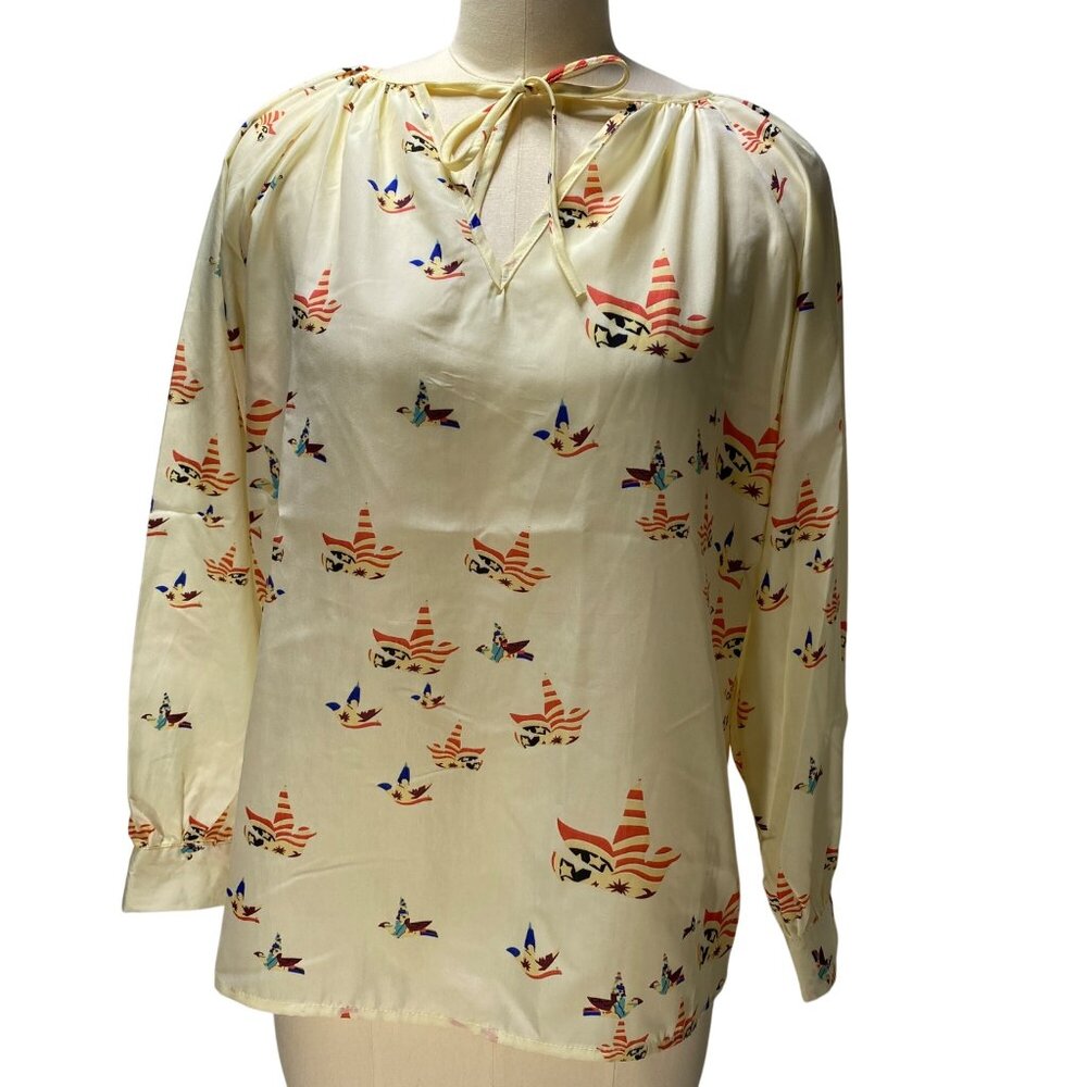 Vintage L Blouse With Tie Neck & Bird Print Cream‎ With Red & Blue Accents